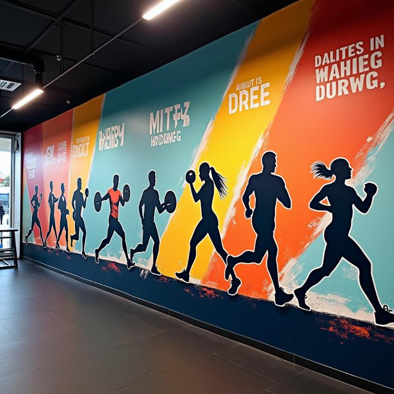 Hình ảnh bức tranh tường nghệ thuật tại phòng gym với chủ đề thể thao, vận động viên, câu nói truyền cảm hứng, màu sắc mạnh mẽ, tạo động lực tập luyện